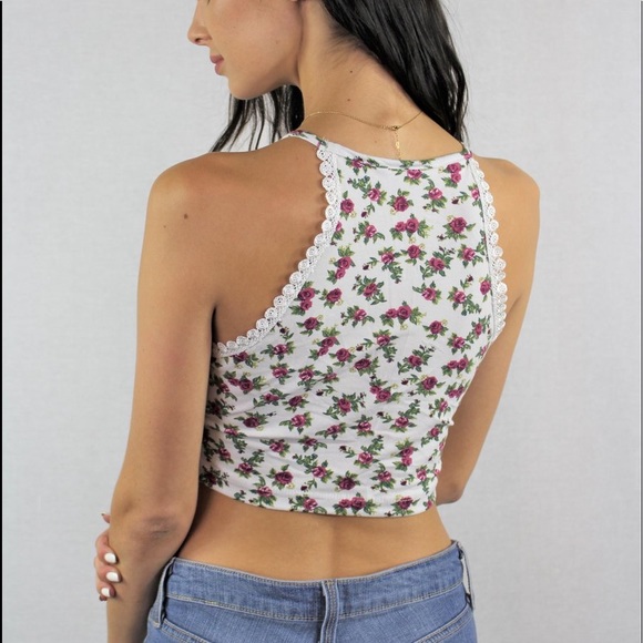 Rose Floral Printed Lace Detail Crop Top - Picture 2 of 4